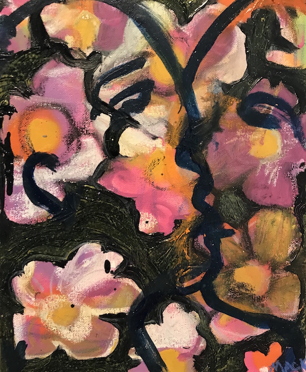 Floral Kiss, 2017 ($150) Oil and spray paint on canvas, 5 x 8 inches. 🔴SOLD