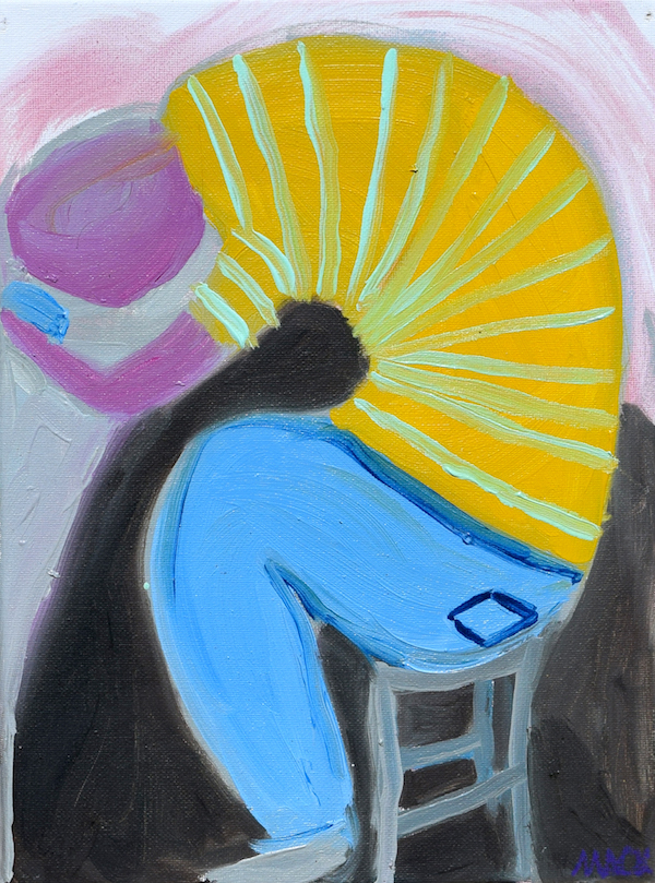 Happy Hour, 2017 ($150) Oil and spray paint on canvas, 8 x 12 inches. For information...