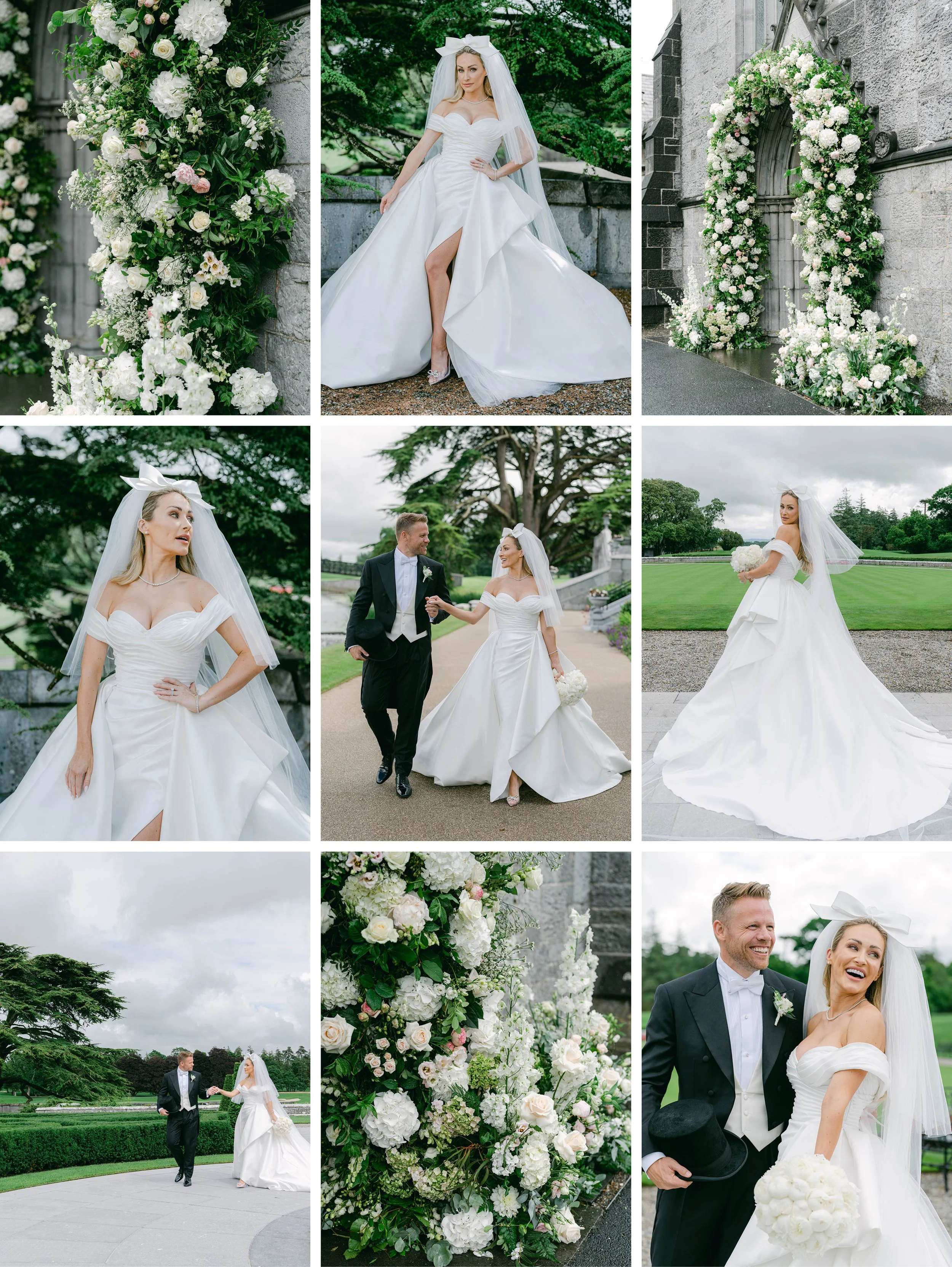 Collage of a bride and groom at an outdoor wedding, featuring the bride in a white gown and veil, groom in a black tuxedo, and floral decorations with white and pastel flowers.