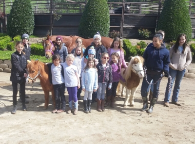 Volunteers Chanera (front right) and Kaui (back left), mini horses Chopper and Clyde, and Ambassador Thoroughbred "I Love Lulu " host an event at the ranch. Read Chanera's introduction to volunteers and testimonial below.