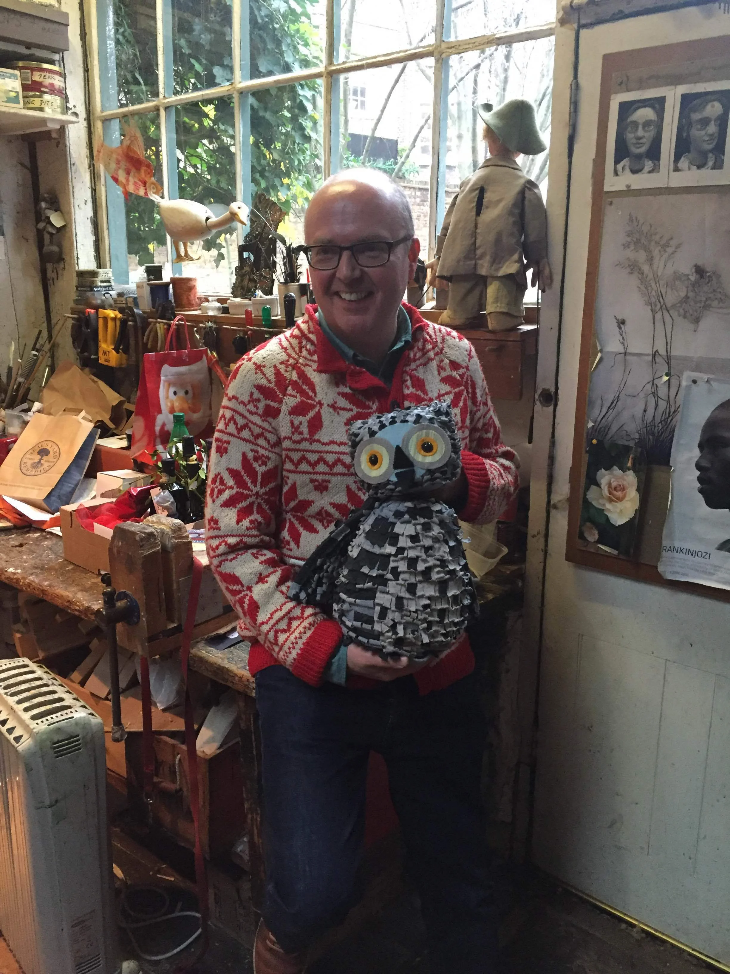 In The Little Angel Theatre workshop in December 2015 with one of the Wow! Said The Owl puppets created by Keith Frederick.