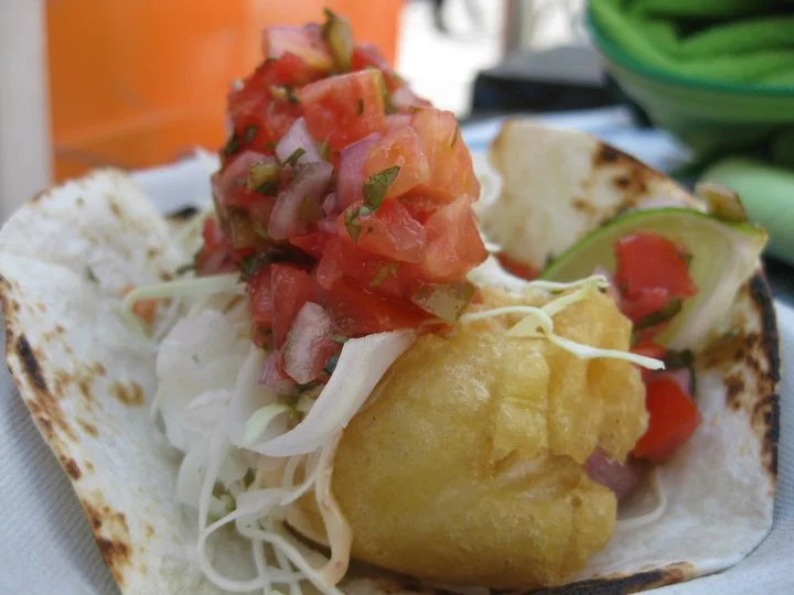 Fish taco with salsa and slaw.