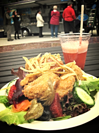 Fanny Bay Oysters – Panko breaded, with Henry Reed organic greens, truck made smoked tomato cocktail sauce. $11