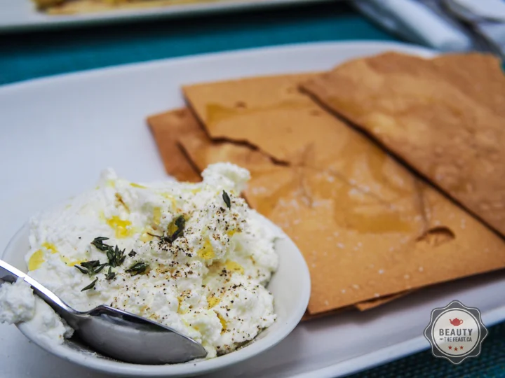 Goat cheese with Olive Oil and Flat Bread.
