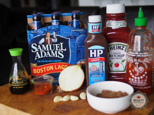 Some of the ingredients. Soy Sauce, Ketchup, Sriracha, Onion, Sugar, Garlic, Paprika, and your choice of beer. Sambal Oelek was a last minute inspired addition :)