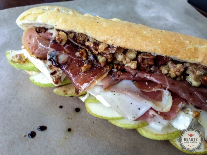 Downtown Vancouver has a cute little tea shop called Finches. Here is their Proscuitto, Balsamic, Blue Cheese and Pear Sandwich. So delish!
