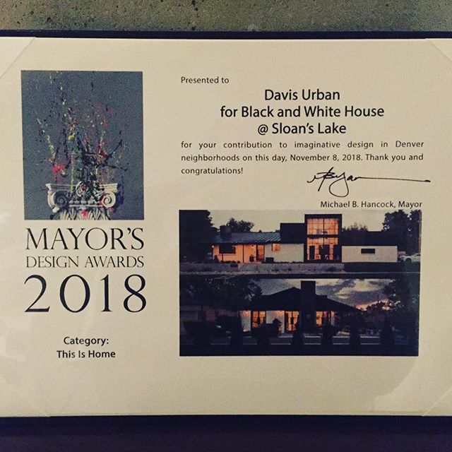 Last night, Davis Urban was honored to receive a Mayor&rsquo;s Design Award for the Black and White House at Sloan&rsquo;s Lake. We worked with great clients to bring their vision for this fantastic home to life. Thank you, Mayor Hancock. .
.
#davisu