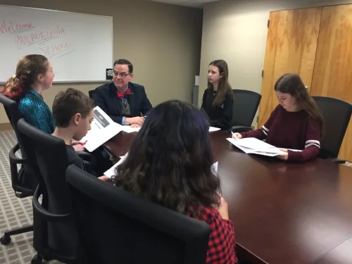 Students in last year's Let's Go Lobbying intensive lobby Senator Toomey's PA Director for stricter background checks on gun purchasers. 
