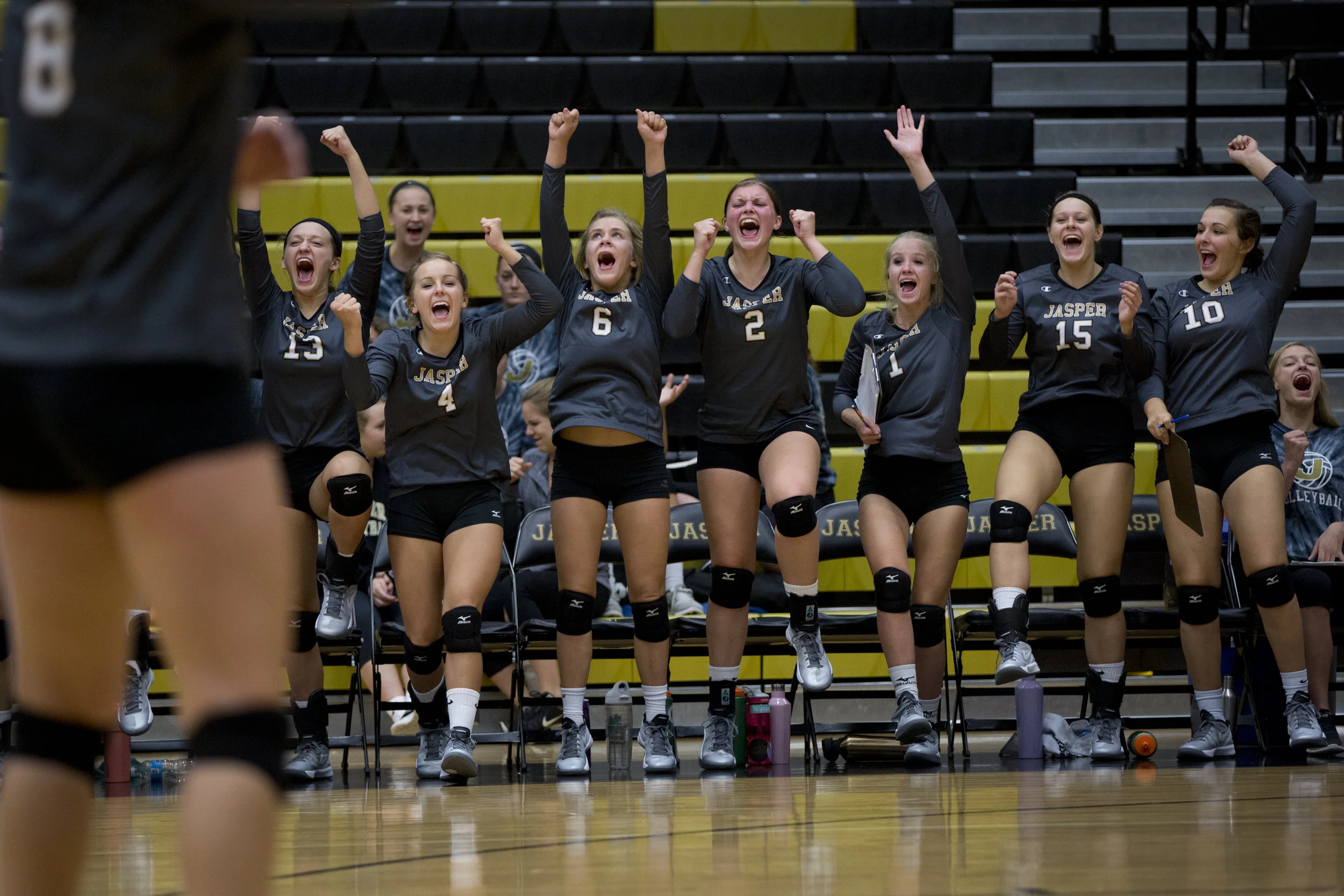Jasper's Meredith Hilgefort, Mariah Seifert, Anna Moeller, Maddie Edwards, Rylee Hedinger, Taylor Wildman, and Breann Dorsam celebrated after winning a point during the match against Northeast Dubois in Jasper on Thursday. Jasper won in three sets. 
