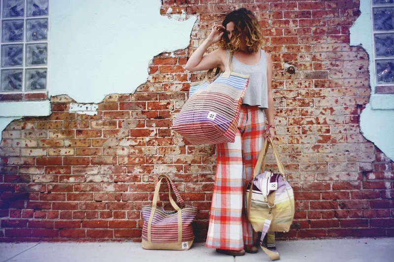 Left: Day Tote Holding: Beach Tote Right: Weekender Pants: Vintage (my own)