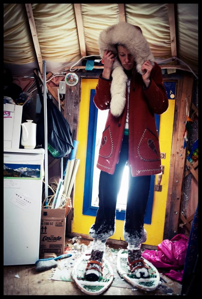snow shoes in a yurt