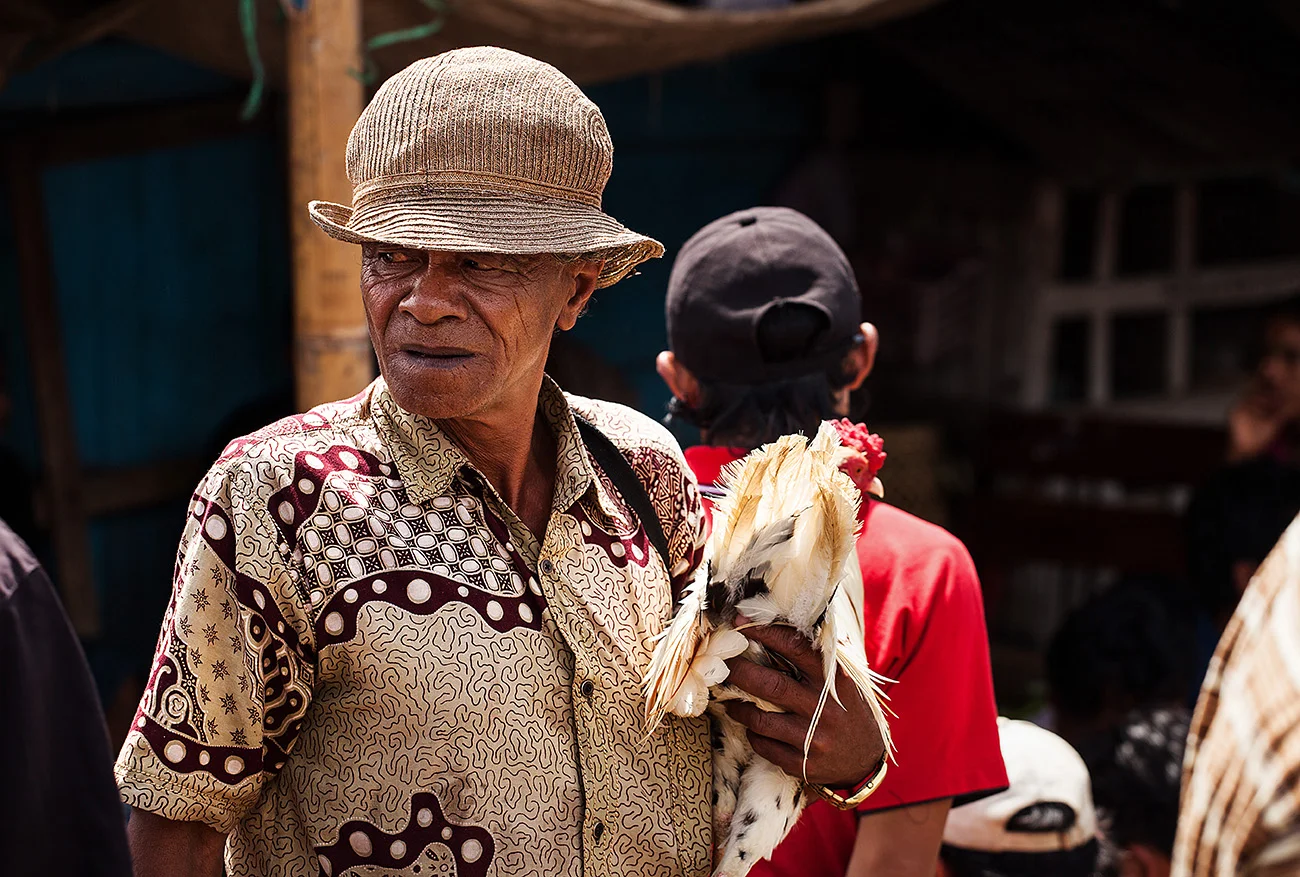 Man looking to sell his cock at the market in Rantepao, Sulawesi
