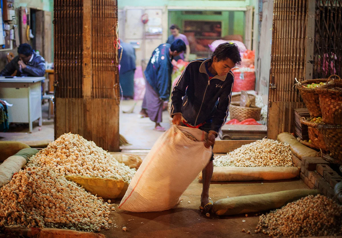 Man hauls bags of garlic at the early early morning market