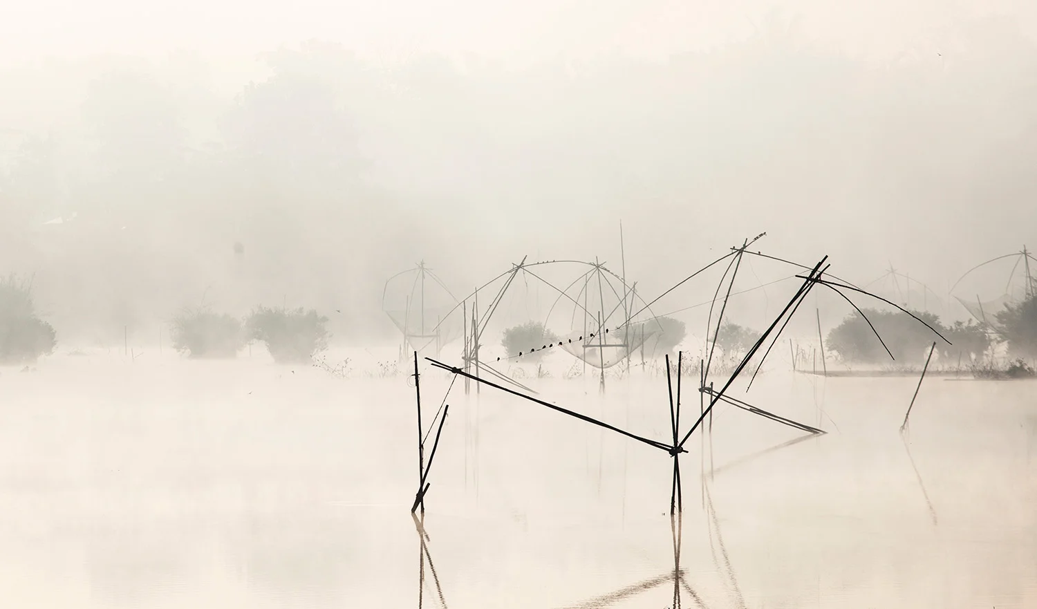 I have no idea what these things are, possible fishing traps of some kind. They looked cool in the morning mists though. 