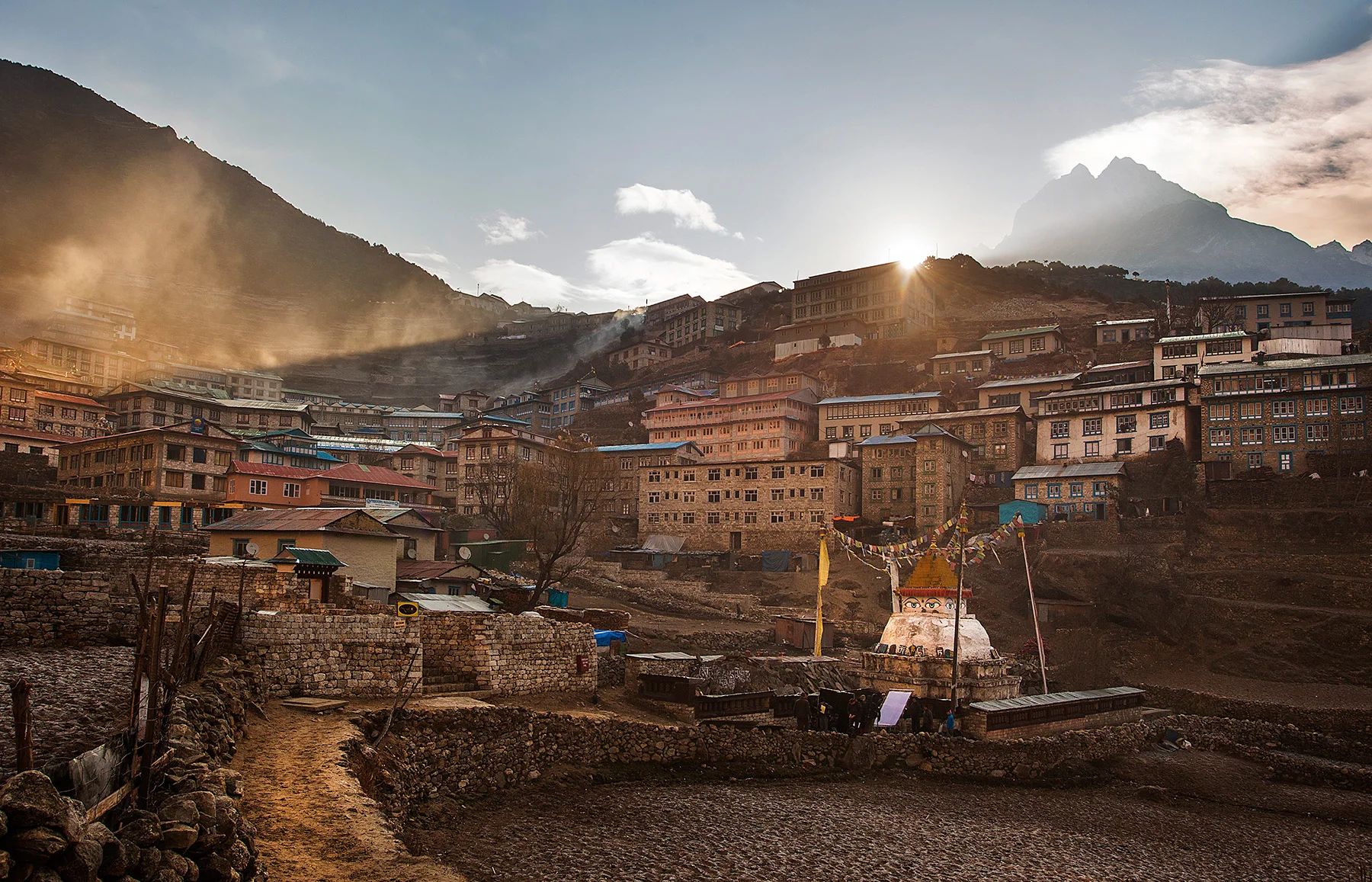 Light coming in over the mountains at Namche Bazaar