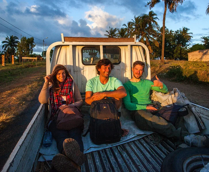 Ronja, Mattia, and Manuel in the back of the truck