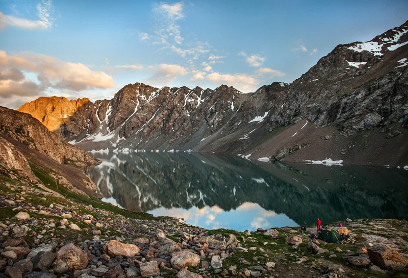 Alakul around sunset. The people in the foreground stole the best campsite though