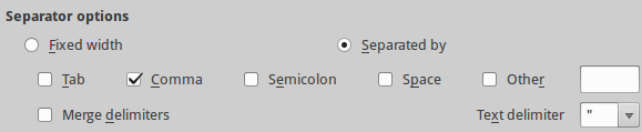 Example import options for LibreOffice Calc