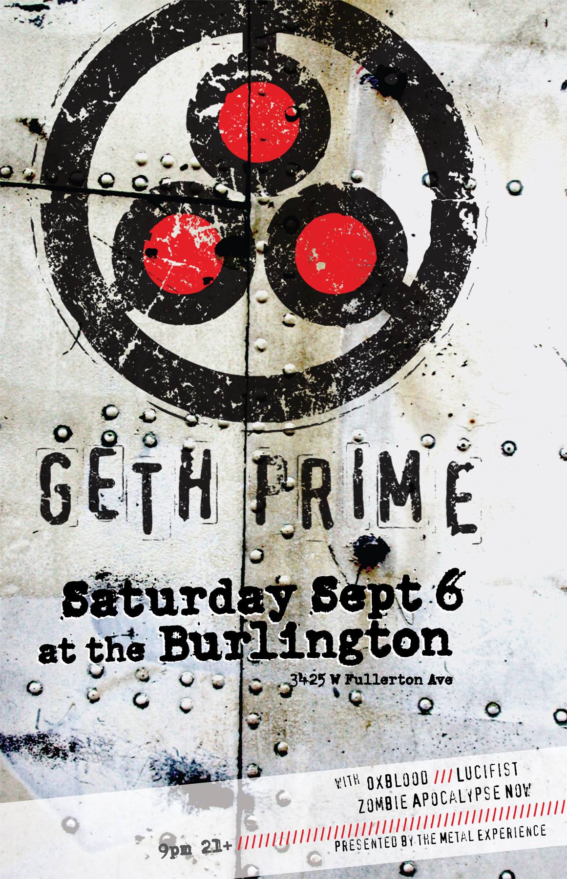 Show poster for Oxblood Band metal infused experimental rock trio show with Geth Prime, Lucifist, and Zombie Apocalypse Now at The Burlington of Sept., 6th 2014