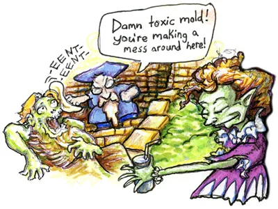 A detail from a recent sketchbook page. I believe the monster is a kind of radioactive zombie-ghost hybrid suggestive of post-apocalyptic rot and decay. The professor probably just prefers his facility's to be clean. Beyond that, your guess is as good as mine just what the hell it means.