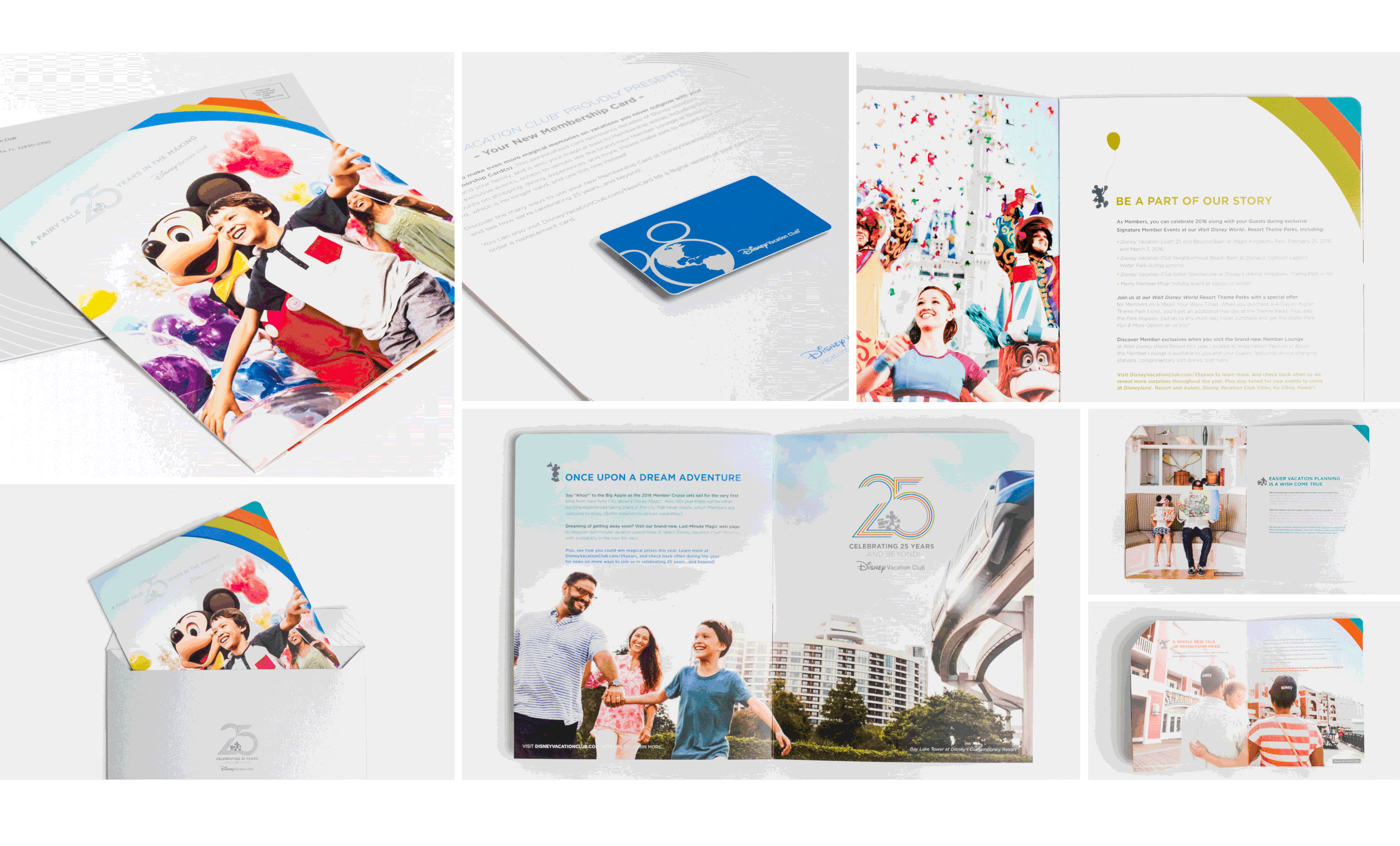 Collage of Disney Vacation Club 25th anniversary membership brochures featuring families, Mickey Mouse, resort vacations, and promotional materials
