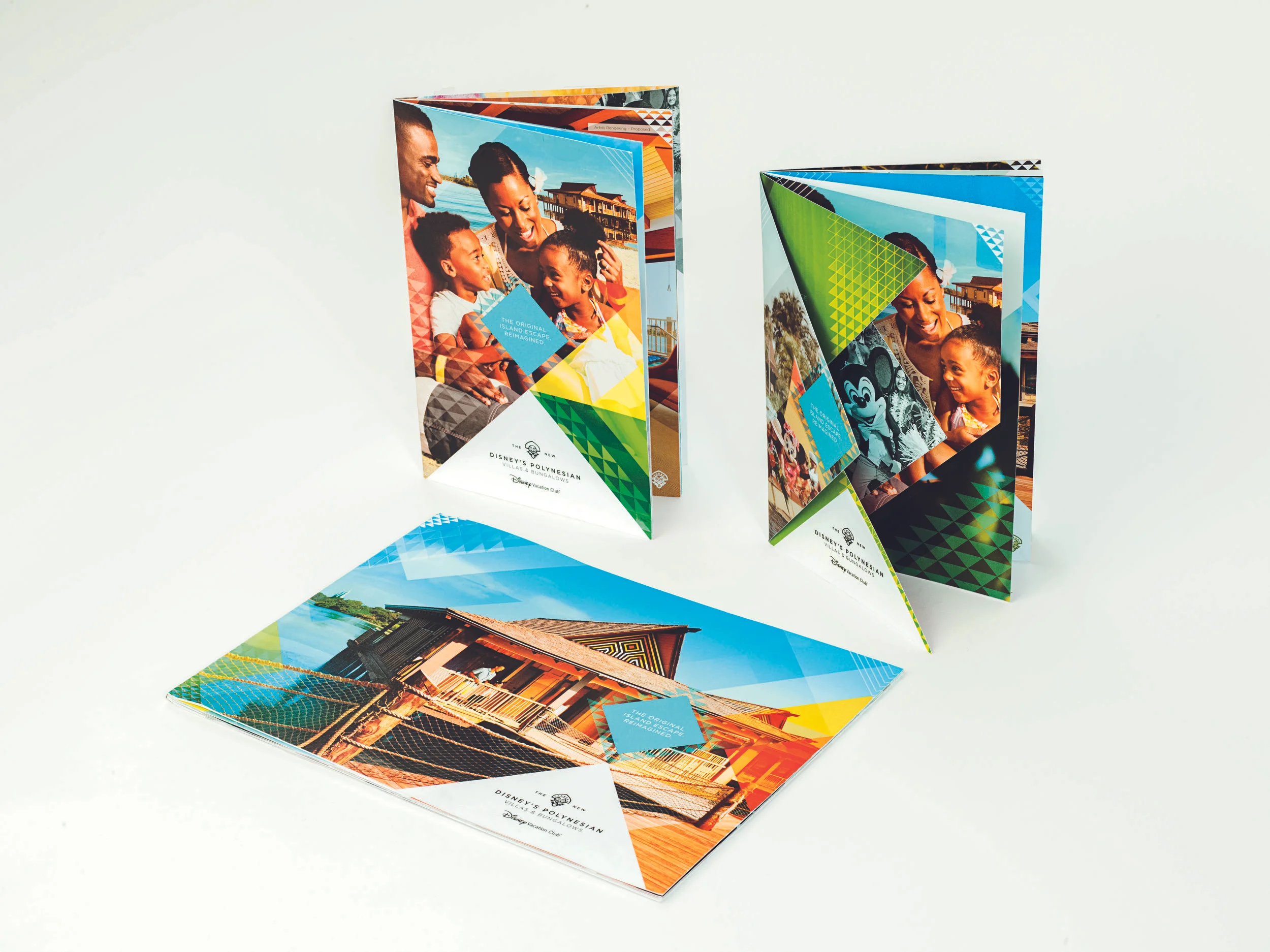 Colorful Disney's Polynesian Villas & Bungalows brochures featuring tropical resort imagery, a family, and Disney characters