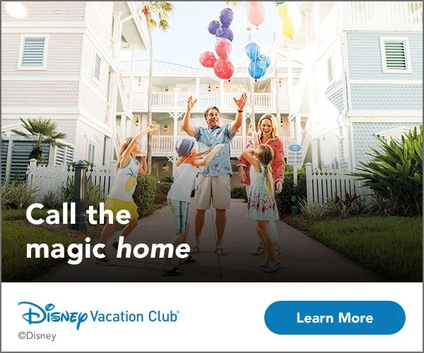 Disney Vacation Club advertisement showing a family celebrating with colorful balloons outside beach-style homes, with “Call the magic home” and “Learn More” text