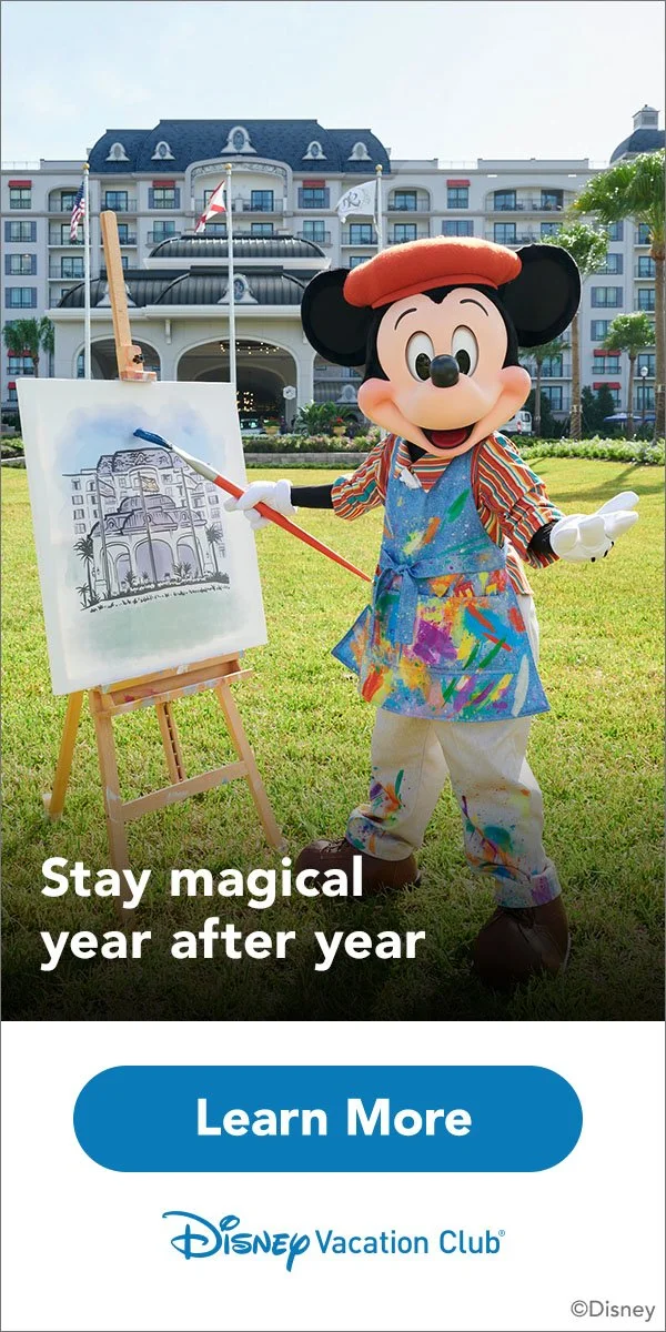 Mickey Mouse paints a resort sketch outside a Disney Vacation Club hotel with the message “Stay magical year after year.”