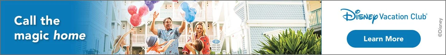 Disney Vacation Club banner ad reading “Call the magic home” with a family holding balloons and a “Learn More” button.