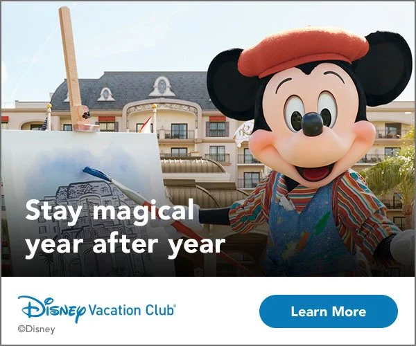 Mickey Mouse painting outdoors at a Disney resort with text reading “Stay magical year after year” and a Disney Vacation Club Learn More button