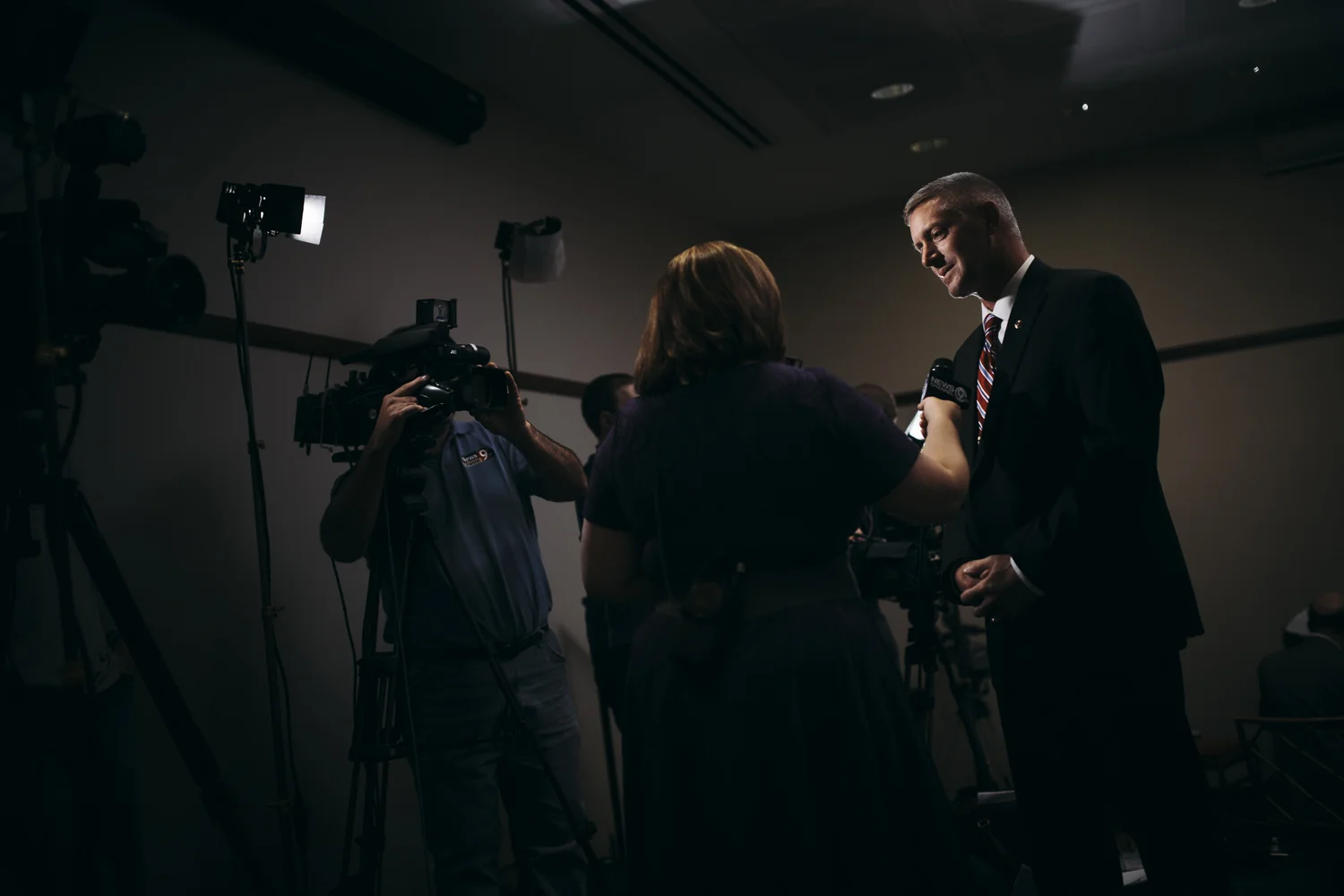 Toby Shelley, who ran for sheriff of Onondaga County, fields questions from a Channel 9 news anchor at the Onondaga County Democratic Election Night Party. To the surprise of the party, Shelley was not elected to become the county's new sheriff. After raising nearly $100,000 more on his campaign, Gene Conway took the election with almost 7,500 more votes.