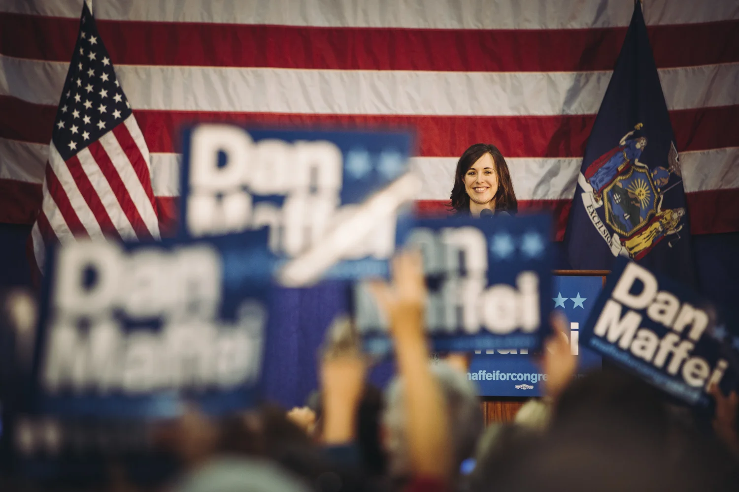 Abby Davidson Maffei smiles as she announces her husband, Congressman Dan Maffei to an audience of supporters. Mrs. Maffei endorsed her husband as compassionate, genuine, and 'someone who does the right thing even when no one is looking.' The Maffeis welcomed their first child, Maya, into the world during the summer.