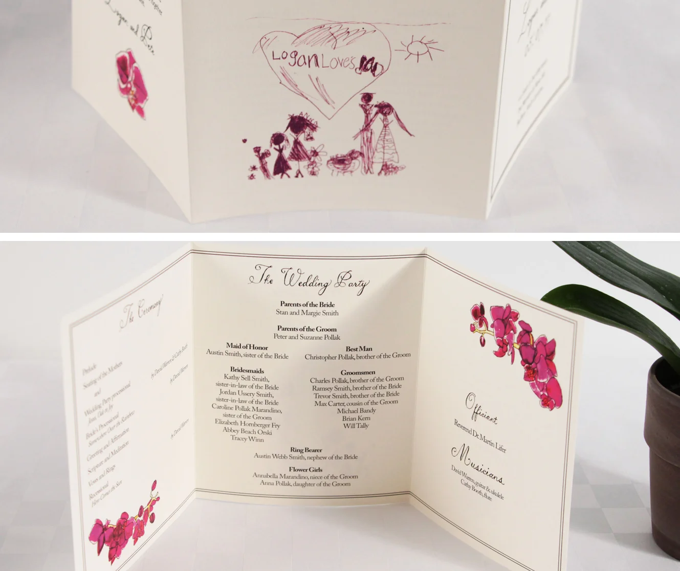Logan and Pete's trifold orchid wedding program, inside and out.