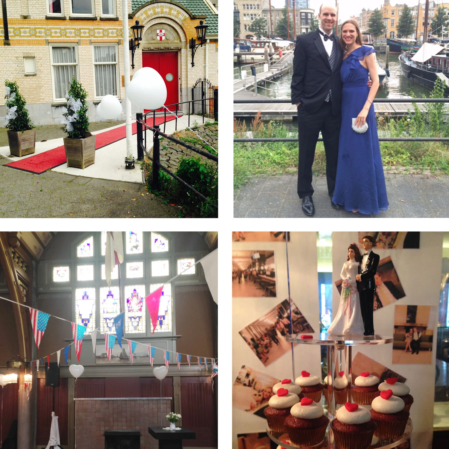 Details. The heart in the couple's personal stationery logo made its way into the event decor in the form of balloons and cupcakes. The Dutch venue was strewn with American flags to pick up on the US half of the theme. Guests arrived to the waterfront yacht club by boat taxi, soaking in the skyline view from the invitation along the way (Laura and Brian Elbogen pictured top right). The bride and groom made a spectacular entrance by boat in a truly red carpet moment.