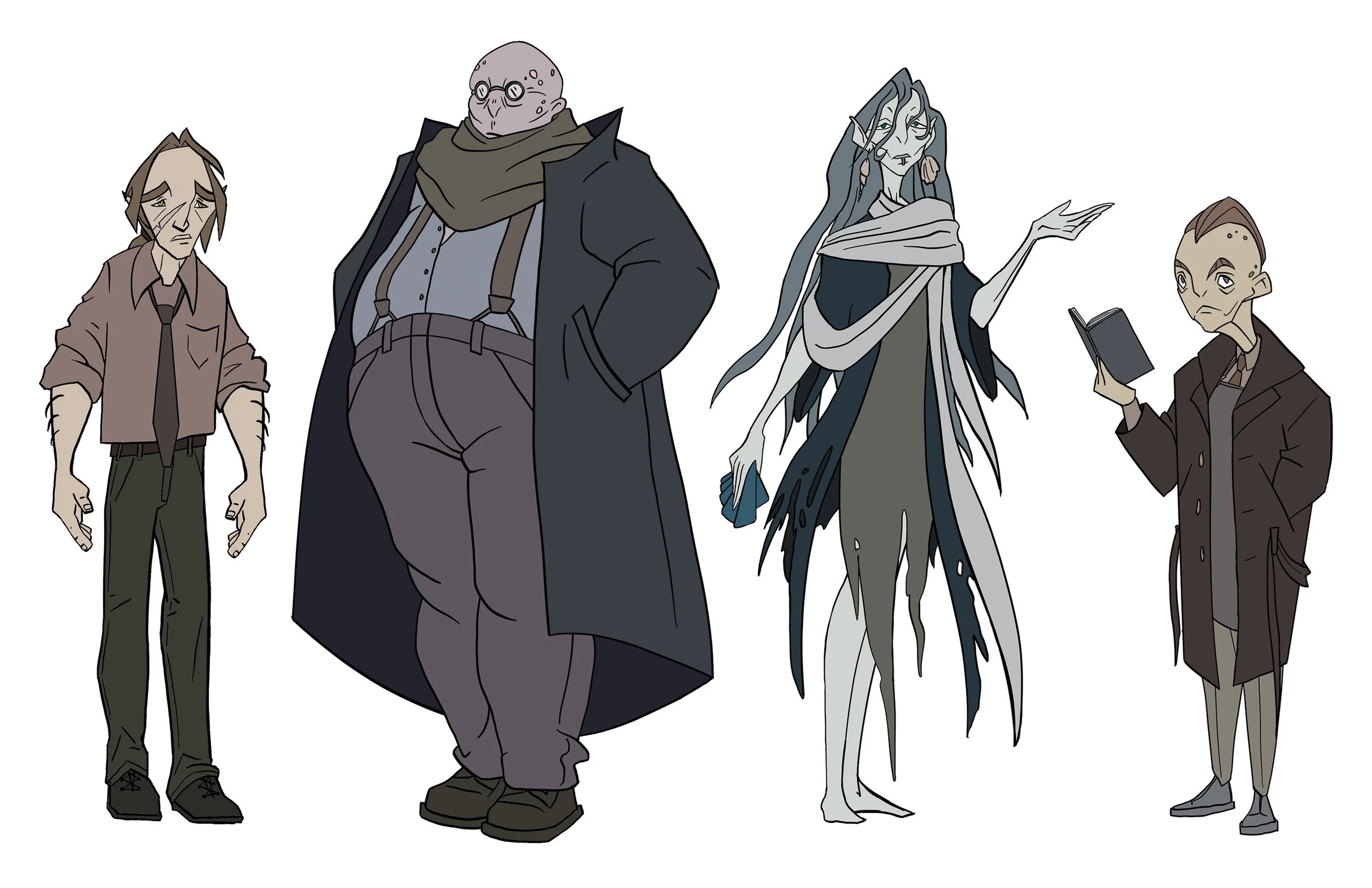 Above: character lineup — The main character, a werewolf, and three supporting characters, worshippers of an elder sea god