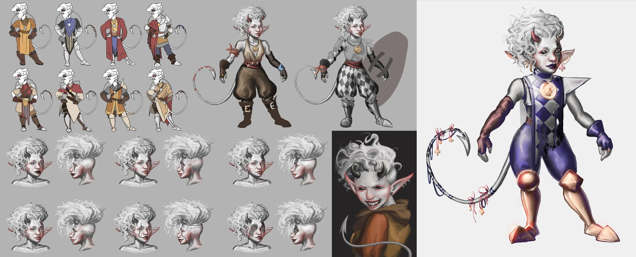 Left: costume and tattoo exploration — early designs focused on clothes suitable for a desert environment Far Right: the final design draws inspiration from jesters to show her chaotic nature, combined with armor suitable for combat