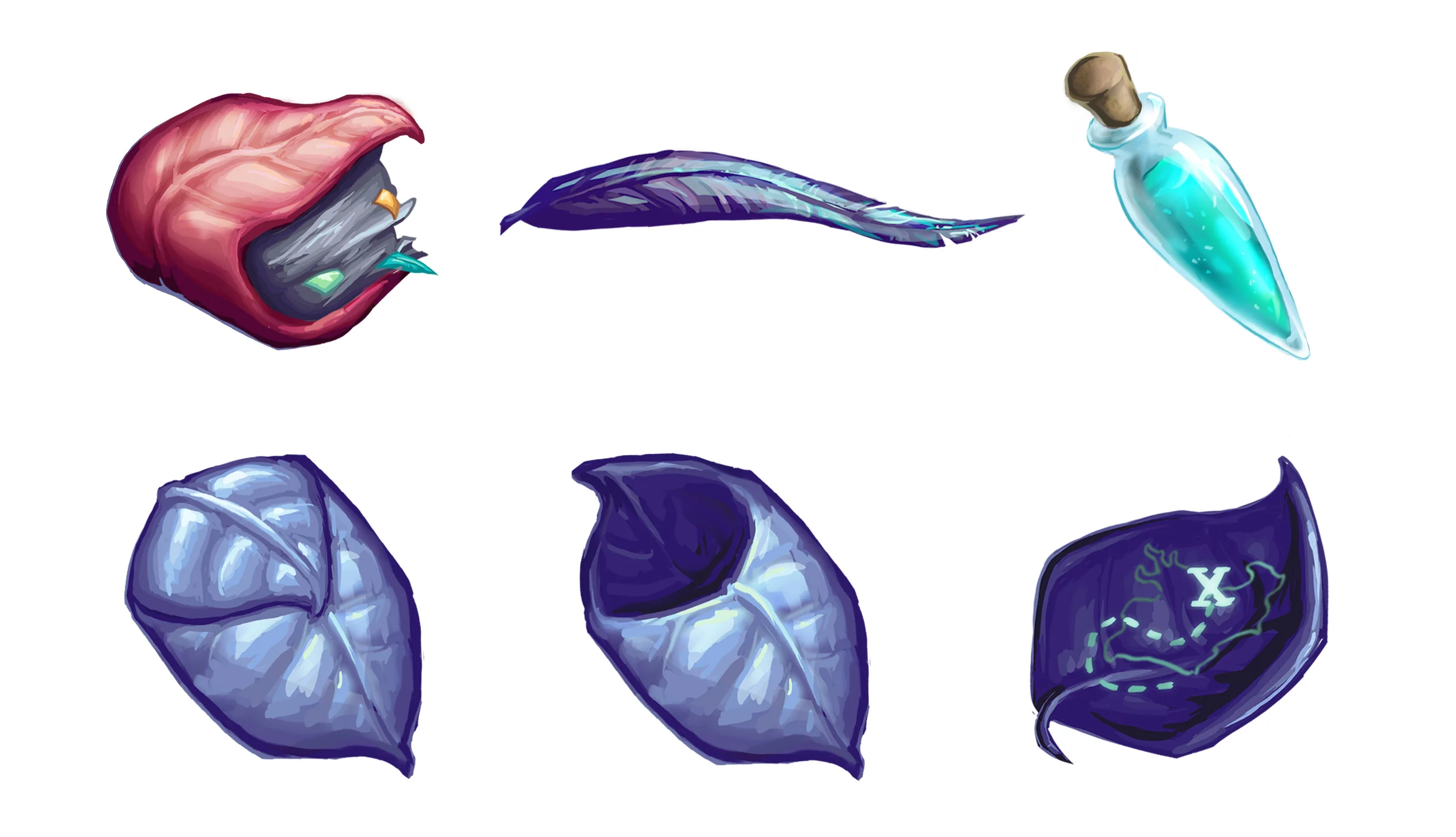 Top Row: journal, feather, potion Bottom Row: pouch (closed/opened), map