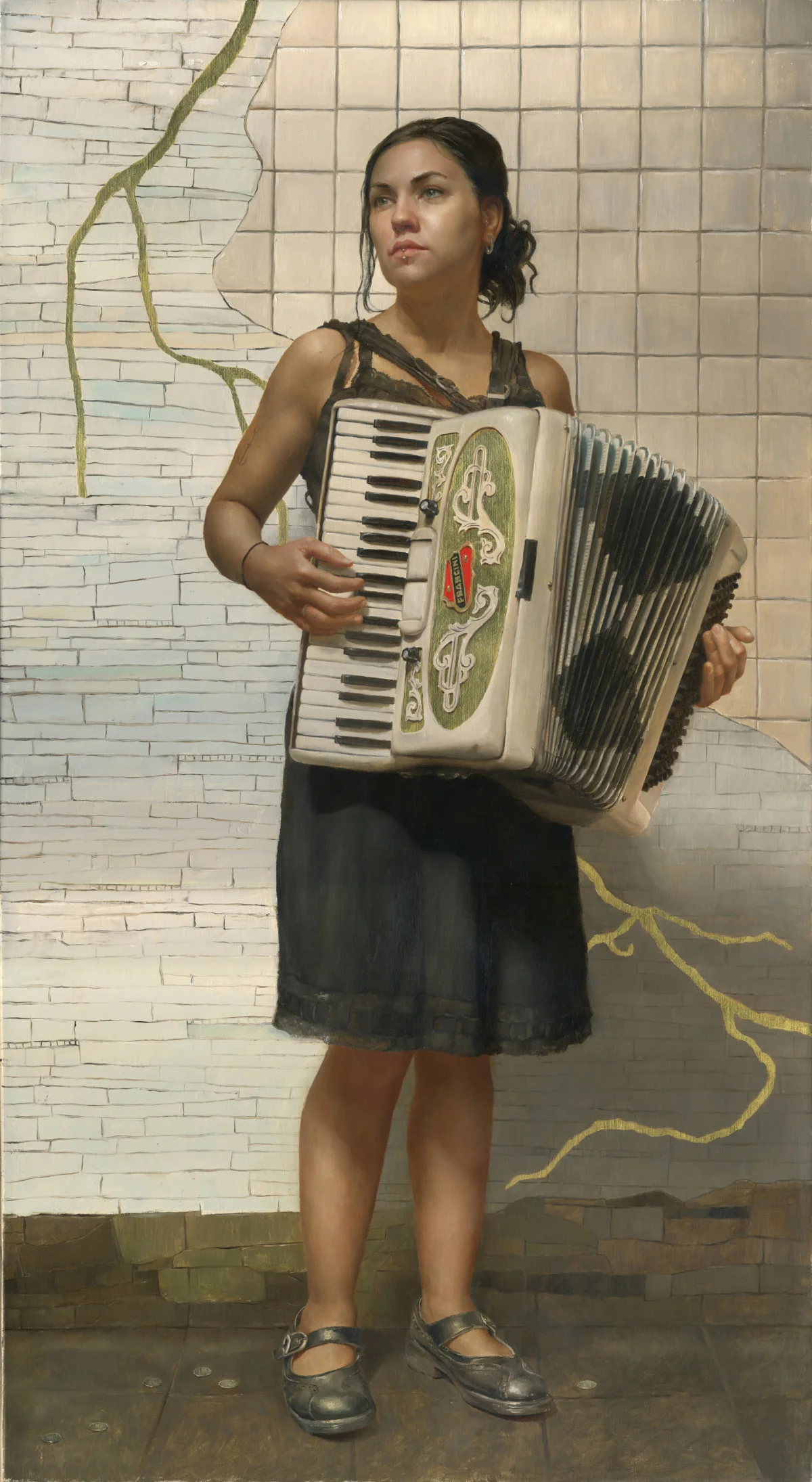   Underground Busk , 40x22", Oil on Linen with Gold and Silver Gilding, 2013 