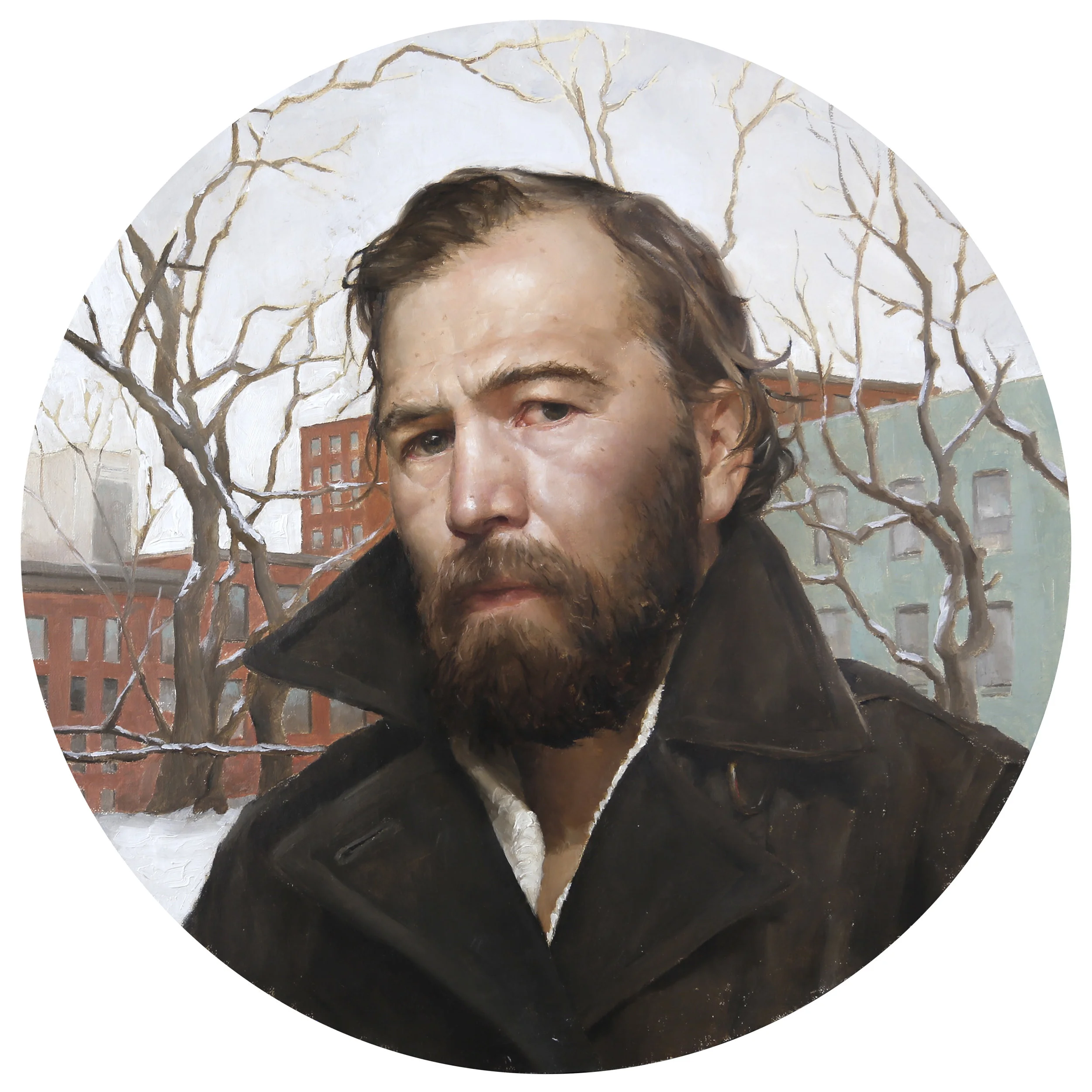 Self-Portrait in Harlem, 14" diameter, Oil on LInen, 2016