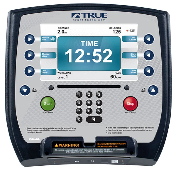 Escalate9 Console The New TRUE ESCALATE9 console has an intriguing design that allows you to ESCALATE™ your workout with more programs, basic levels of audio entertainment, and mobile app communication via USB. - Basic iPod Connectivity - 22 Preset Workout Programs and 4 Saved Workouts - Over Molded Reading Rack and Tablet Holder - Wireless Heart Rate Monitoring - USB Port for Workout Summary Exports - Self-Generating Power - Sleep Mode