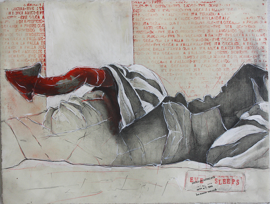  Eve sleeps 2014, pencils, gesso and&nbsp; wax on paper cm 28x38&nbsp;  (Private Collection) 