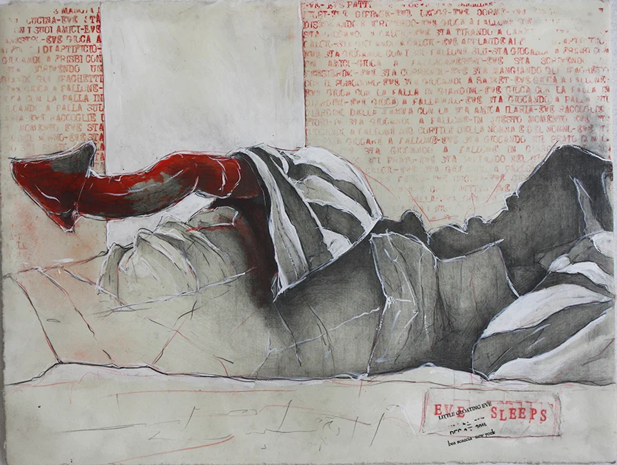 Eve sleeps 2014, pencils, gesso and wax on paper cm 28x38 (Private Collection)