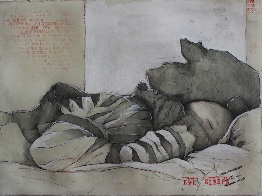 Eve sleeps 2014, pencils, gesso and wax on paper cm 28x38 (Private Collection)