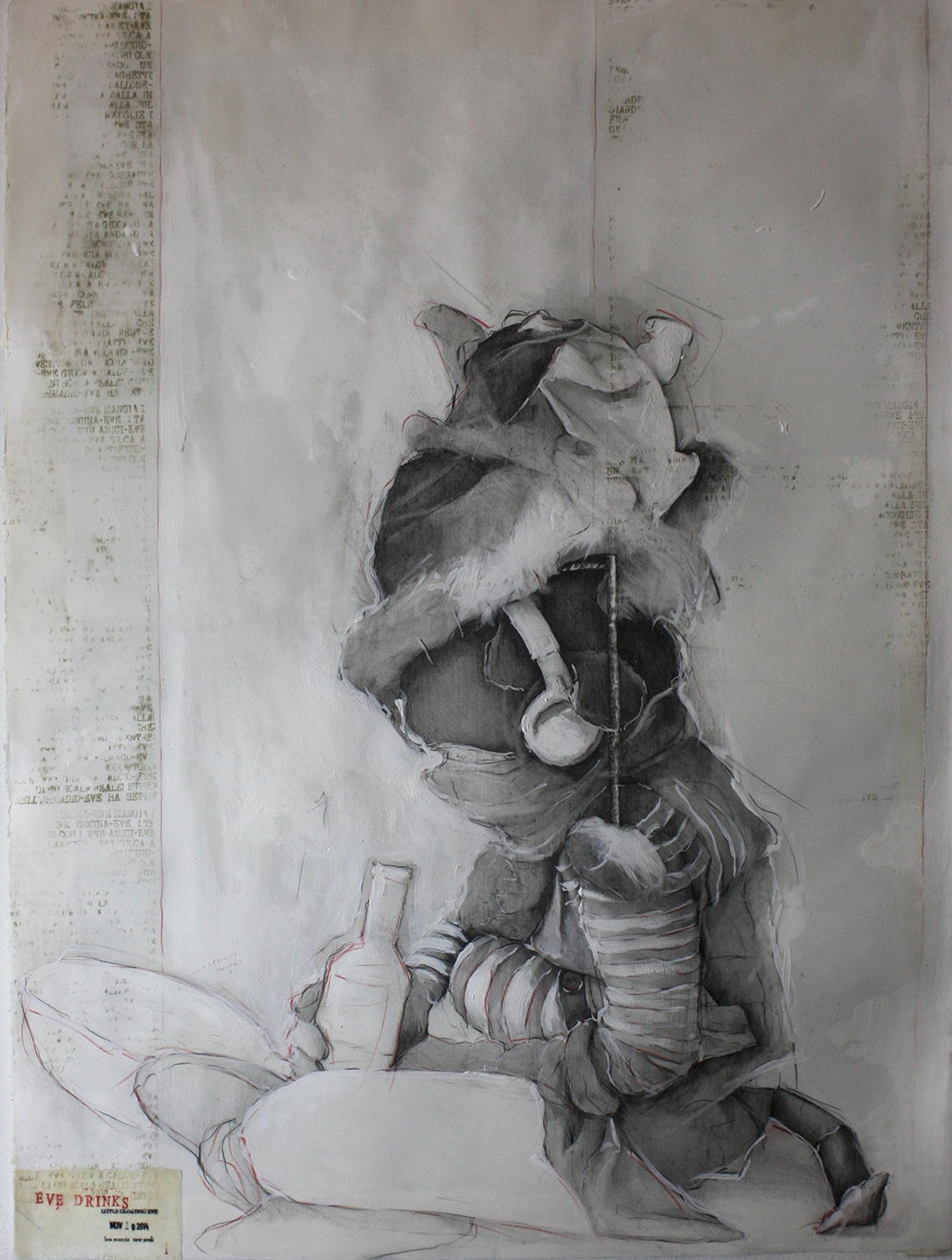  Eve drinks 2014  Pencil, oil, gesso and wax on paper, 30x22.5 inches 