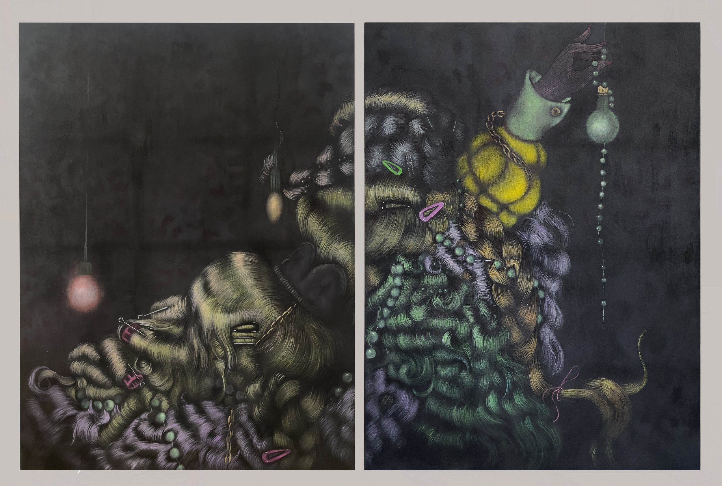  Princess wigs on the move, 2023    acrylic and airbrush on cotton    diptych, each canvas 48x36 inches     (121.92x91.44 cm)    PM/AM Gallery, London 