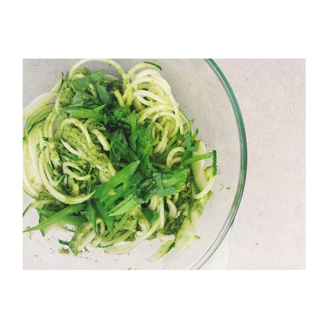 to raw - Sweet Pea & Pearl Onion Pesto smothered Zucchini Noodles