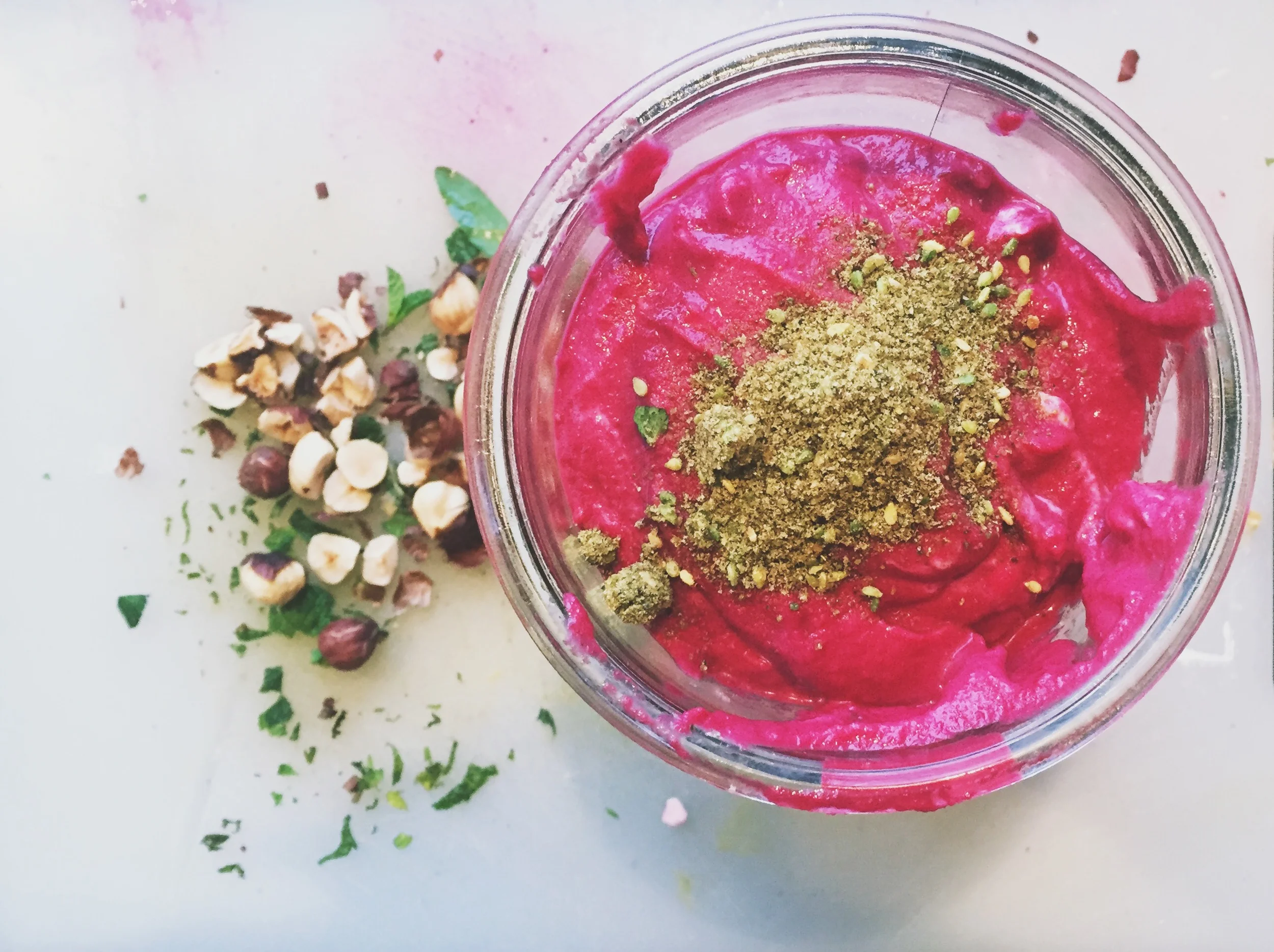 to blend - za'atar-spiced beet dip with goat cheese and hazelnuts