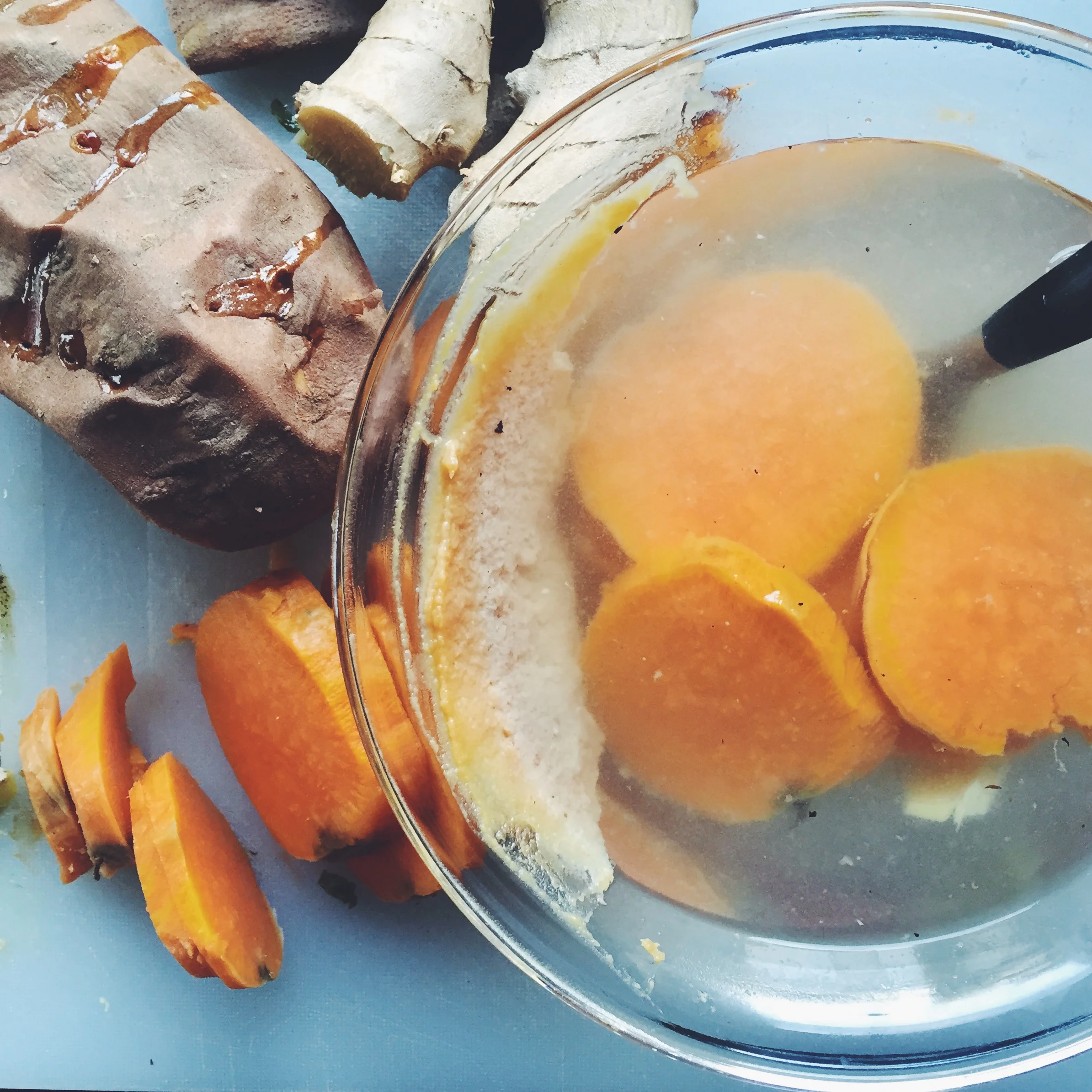 to make - sweet potato dumplings in a ginger miso broth