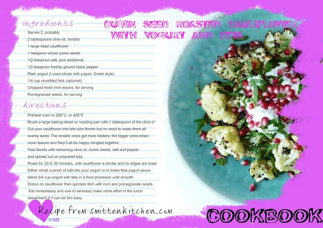 to lunch - cumin seed roasted cauliflower with yogurth and feta