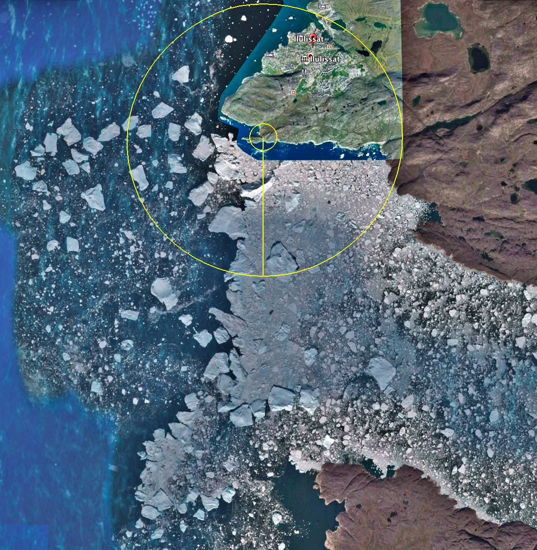 Um die Bedeutung der Reichweite zu visualisieren, habe ich die unterschiedlichen Radien in einen Ausschnitt aus Google Earth Pro® eingezeichnet. Das Bild zeigt den Ort, an dem der Ilulissat Eisfjord von Osten in die Diskobucht mündet. Als Mittelpunkt habe ich einen gut zu Fuß erreichbaren Aussichtspunkt gesetzt und die beiden Kreise haben einen Radius von 300 m bzw. 3 km.